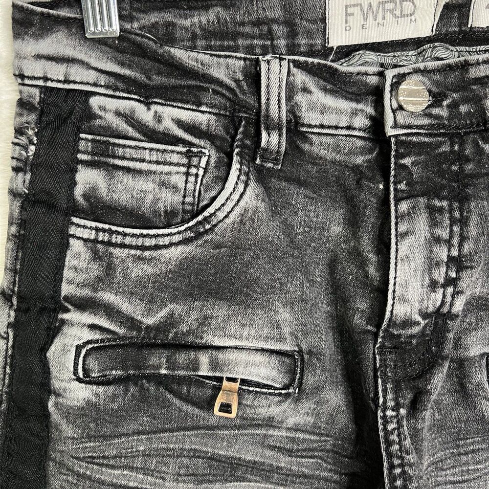 FWRD Men's Moto Style Denim Jeans Size 20 Slim Stretch Black Acid Wash